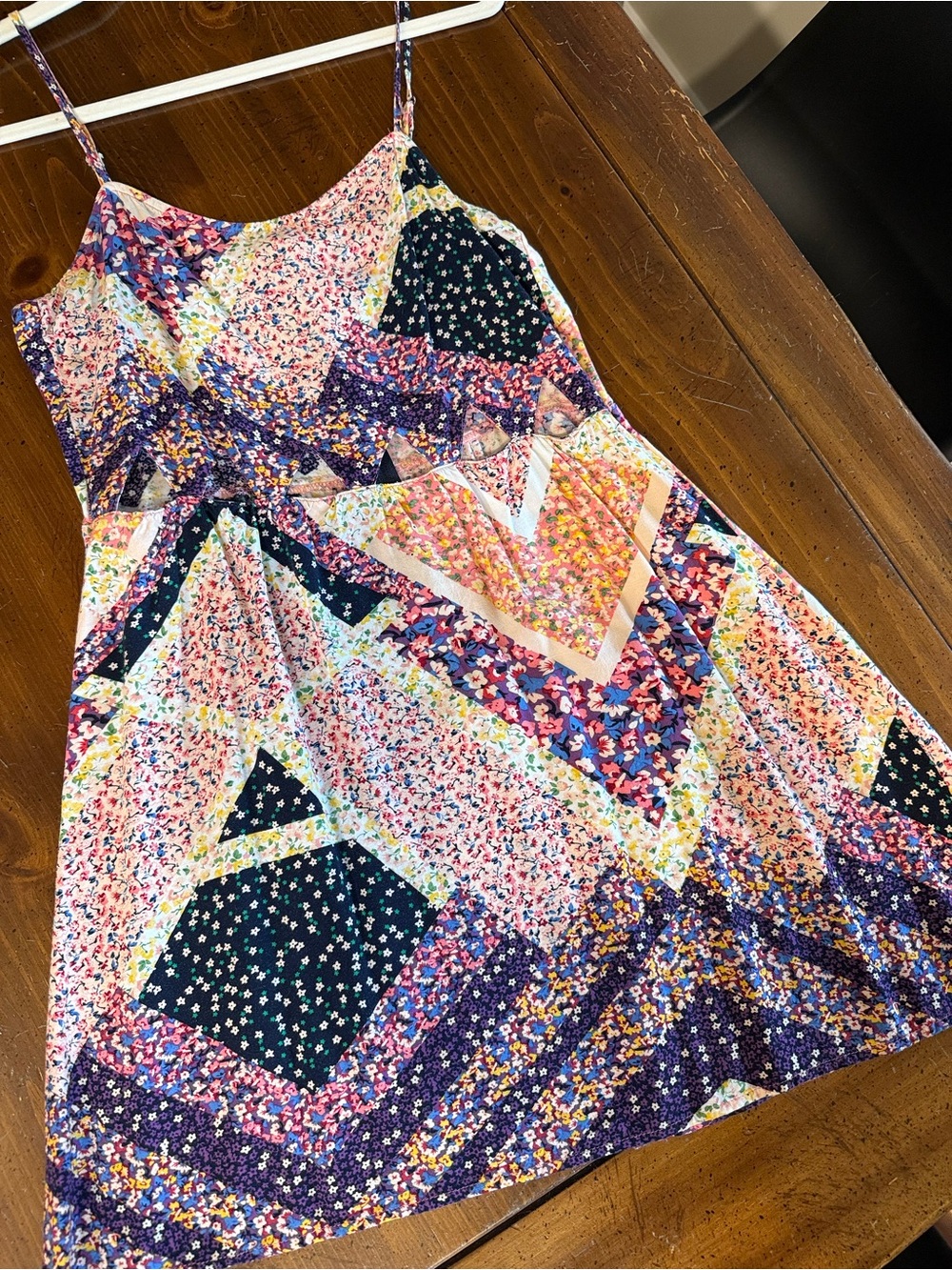 Divided Multicolor Floral Patchwork Spaghetti-Strap Mini Dress